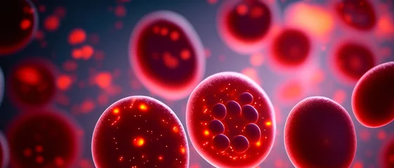 Fotobehang Blut Zellen runde rote Blutkörperchen makro, mikroskopisch klein fließen in Adern und Venen, Krankheiten, Forschung, Krebs und Medizin, Behandlung, Wissenschaft und Sauerstoff Transport Pharmazie  © www.barfuss-junge.de