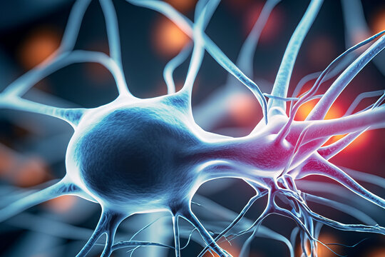 Close up Makro Aufnahme einer Nervenzelle mit Vernetzungen im Gehirn, Impulse Synapsen und Informationen flie&szlig;en zum denken und wahrnehmen humane Forschung und medizinische Wissenschaft