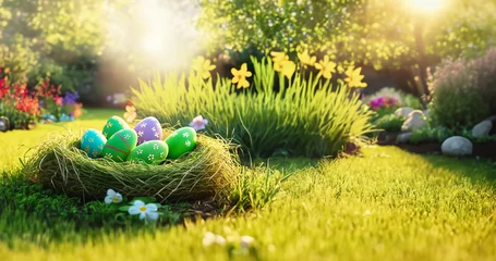 Fotobehang Vorlage und Hintergründe für Ostern mit einem Nest aus grünem Heu oder Gras mit bunten Eiern vor einem Garten im Frühling voller Blüten und warmen Licht © www.barfuss-junge.de