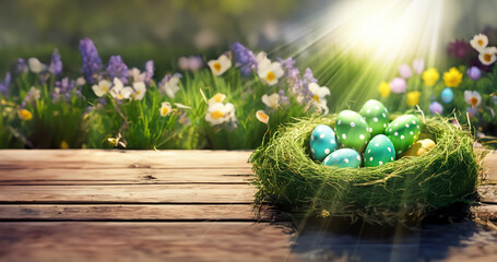 Vorlage und Hintergründe für Ostern mit einem Nest aus grünem Heu oder Gras auf Holzboden mit bunten Eiern vor einem Garten im Frühling voller Blüten und warmen Licht - obrazy, fototapety, plakaty