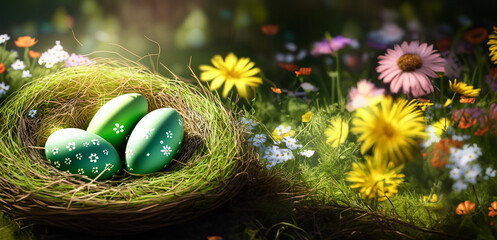Vorlage und Hintergründe Banner für Ostern mit einem Nest aus grünem Heu oder Gras mit bunten Eiern vor einem Garten im Frühling voller Blüten und warmen Licht