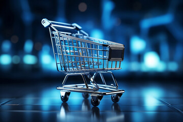Empty shopping cart miniature standing on  floor in blue indoor with lights. - obrazy, fototapety, plakaty