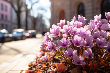Spring flowers along city road.