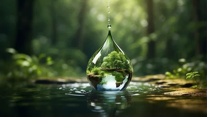 Foto op Aluminium A drop of water with a green oasis of plants inside against the green of the forest, symbolizes nature, environmental disaster and climate change. The concept of conservation  © Anastasiia Soina