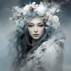 Dreamy white icy cold image of a woman with Christmas decorations in her hair - 679371132