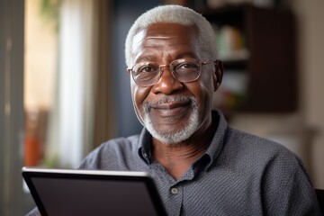 Cheerful senior grey-haired African American man in casual clothing uses digital tablet while sitting in armchair at home. Focused retired person browsing the Internet, watching news, reading e-book. - obrazy, fototapety, plakaty