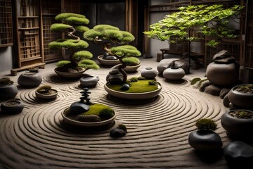 courtyard Zen garden with carefully placed rocks and a few bonsai trees