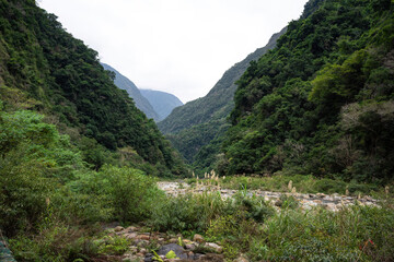 Fototapeta na wymiar A wide-angle view captures the lush greenery of a valley with a riverbed, nestled between towering green mountains under a soft, cloudy sky.