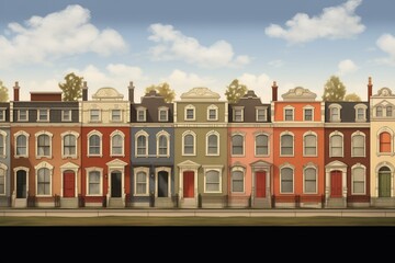 wide shot of georgian townhouses lined up, all with dentil molding, magazine style illustration