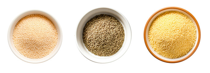 Three bowls set full of sesame seeds, couscous and hemp seeds. Isolated transparent background - obrazy, fototapety, plakaty