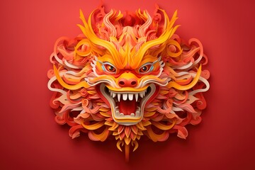 Papercut traditional Chinese Dragon head over red background. Chinese New Year concept