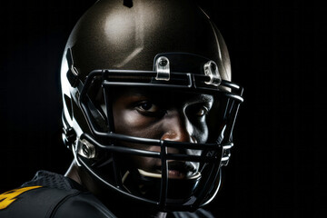Close-up studio shot of professional American football player in black jersey. Determined, powerful, skilled African American athlete wearing helmet with protective mask. Isolated in black background.