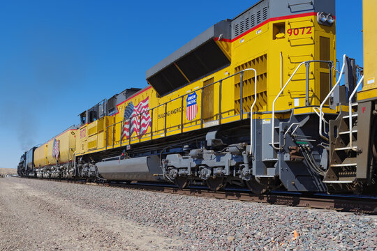 Union Pacific Railroad 'Big Boy' train shown traveling through Victorville en route to Barstow, California. Celebrating the 150th Anniversary of the transcontinental railroad's completion.