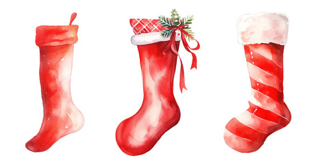 Christmas socks set. Holiday Santa Claus winter socks for gifts. Watercolor illustration - 679372552