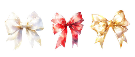 Set of white, red and gold bows watercolor isolated on transparent background - 679372714