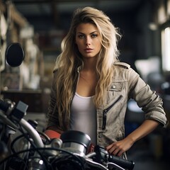 Fototapeta na wymiar confident female on a motorbike in a garage, candid shot