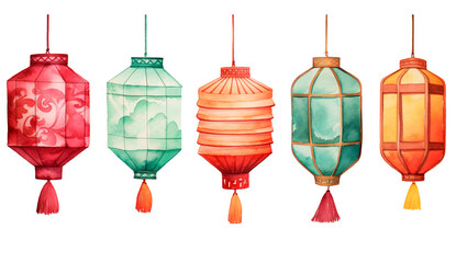 Fototapeta na wymiar Watercolor illustration of colorful paper lanterns on isolated transparent background