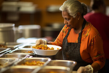 Volunteer woman serving meal to homeless people in shelter. Charity, donation, food distribution to poor people, food aid, food bank - obrazy, fototapety, plakaty