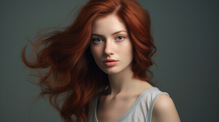 Naklejka premium Serene red-haired woman with a subtle gaze, her flowing hair exudes grace