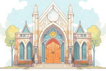 symmetrical shot of the entrance of a gothic revival building, magazine style illustration