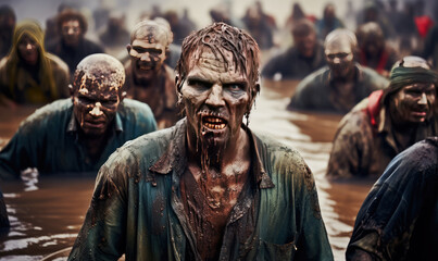 Naklejka premium When Shadows Lengthen and the Dead Rise: A Halloween Tale of a World Plunged into Zombie Apocalypse - Generative AI