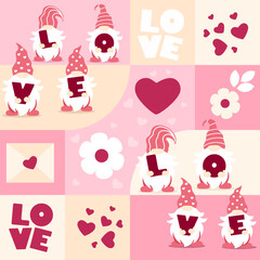 Seamless pattern with gnomes. Valentine's day design. Vector illustration isolated on square modern background.