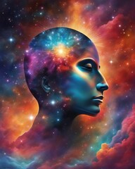 Ideas and thoughts spreading from one point of the human brain to different sides of the universe, cosmic background, nebulae and stars, surreal composition and bright colors