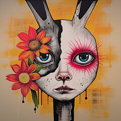 Fantasy rabbit face with flowers - 679373974