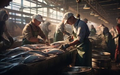 Workers are cleaning fresh fish in a seafood factory. - obrazy, fototapety, plakaty