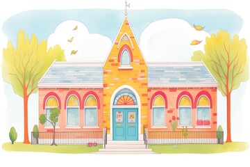 gothic revival school building with colorful pointed arch windows, magazine style illustration