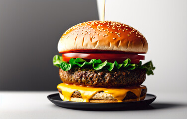 Hamburger with cheese, tomato and lettuce on a dark background