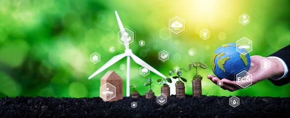 Panorama growing money or coin stack with business investor invest net zero and sustainable energy...