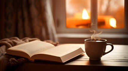 AI generated illustration of a hot cup of coffee sitting on a wooden table next to a novel book