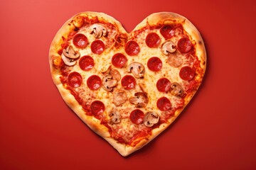heart shaped pizza on red background, valentine day concept