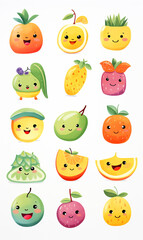 Set of cute kawaii summer fruits and berries. Color illustration of healthy food fruits on white background. Cartoon funny fruit characters collection.