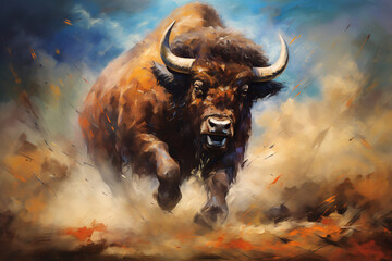 Big angry bison. Oil painting in impressionism style.