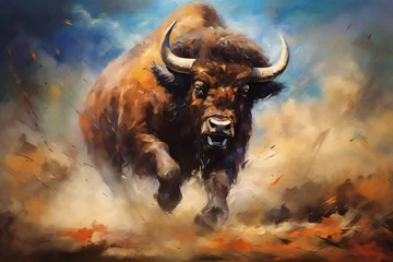 Foto op Plexiglas Big angry bison. Oil painting in impressionism style. © Osadchyi_I