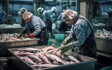 Fishermen are sorting fresh tuna fish in a seafood factory. - obrazy, fototapety, plakaty
