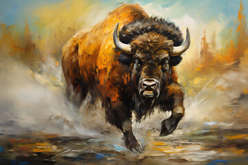 Big angry bison. Oil painting in impressionism style. - obrazy, fototapety, plakaty