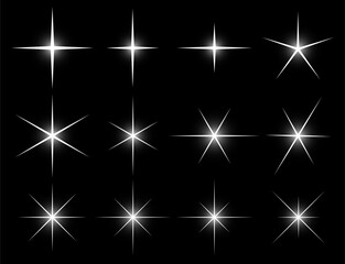 Glowing sparkle shine stars collection. Luminous glitter effects  with a black background. 