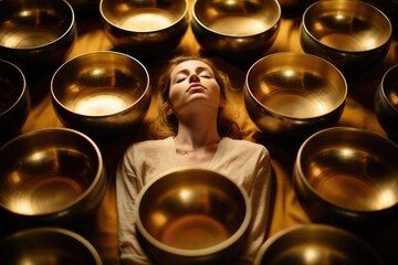 Sonic Tranquility Retreat: Retreat into tranquility as the resonating tones of singing bowls envelop a woman, inducing a state of mental calmness and peace