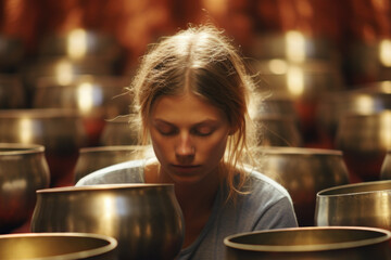 Zen Sound Immersion: Immerse yourself in the zen soundscape as a woman is surrounded by the meditative hum of singing bowls, fostering mental tranquility