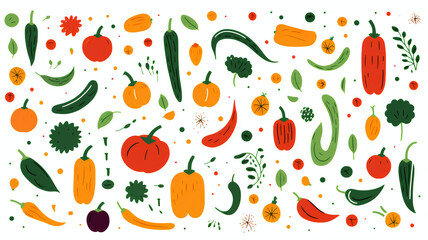 Cute Colorful doodle seamless illustrations of vegetables isolated on white background, generative ai