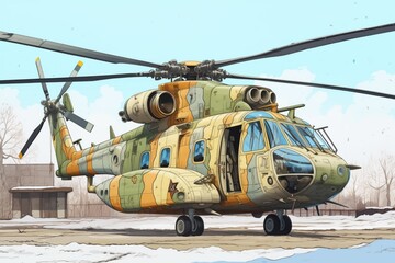 a camouflaged military helicopter on the ground