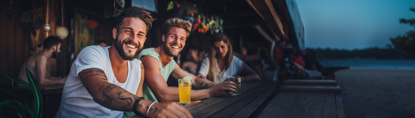 Friends partying together. Two guys sitting in a bar counter close to the beach. Cold drinks served at a summer party. Extra wide banner format image. - obrazy, fototapety, plakaty