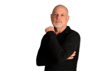 man with white beard gentleman in black shirt colored background landing in studio