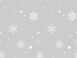 Winter snowfall background. Seamless pattern of white snowflakes on gray. Cold weather season. Christmas holiday illustration