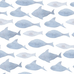Fish seamless Pattern. Hand drawn watercolor background with shoal on isolated backdrop. Illustration of sea ornament for wrapping paper or textile design in marine style. Doodle ocean animals.