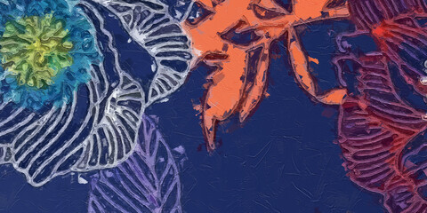 Oil painting and various flowers, roses, peonies, beautiful wedding illustrations