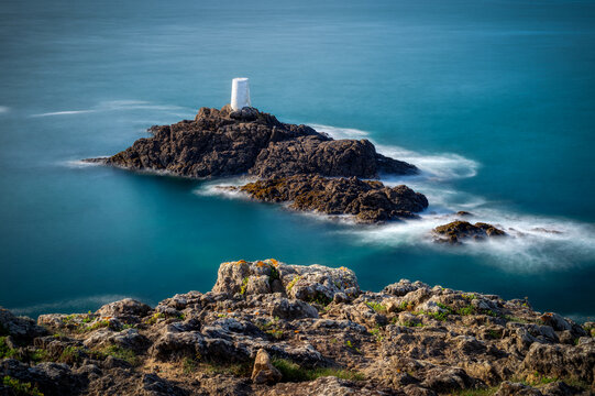 beacon on an offshore rock at Pointe de la Varde, Bretagne, France